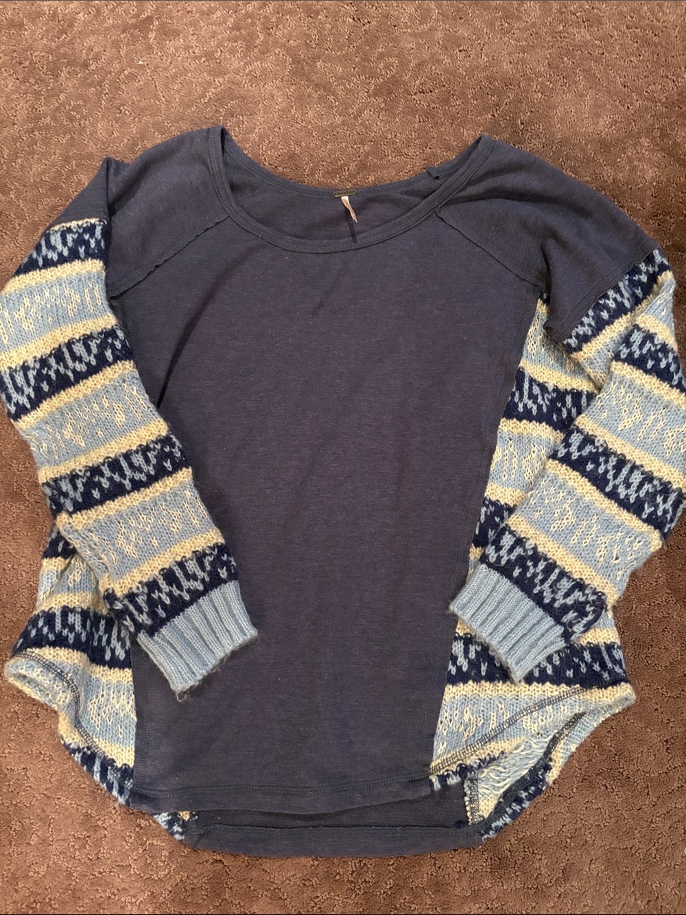 Poof! Navy Blue Scoop Neck Sweater with Patterned Light Blue & Yellow Sleeves